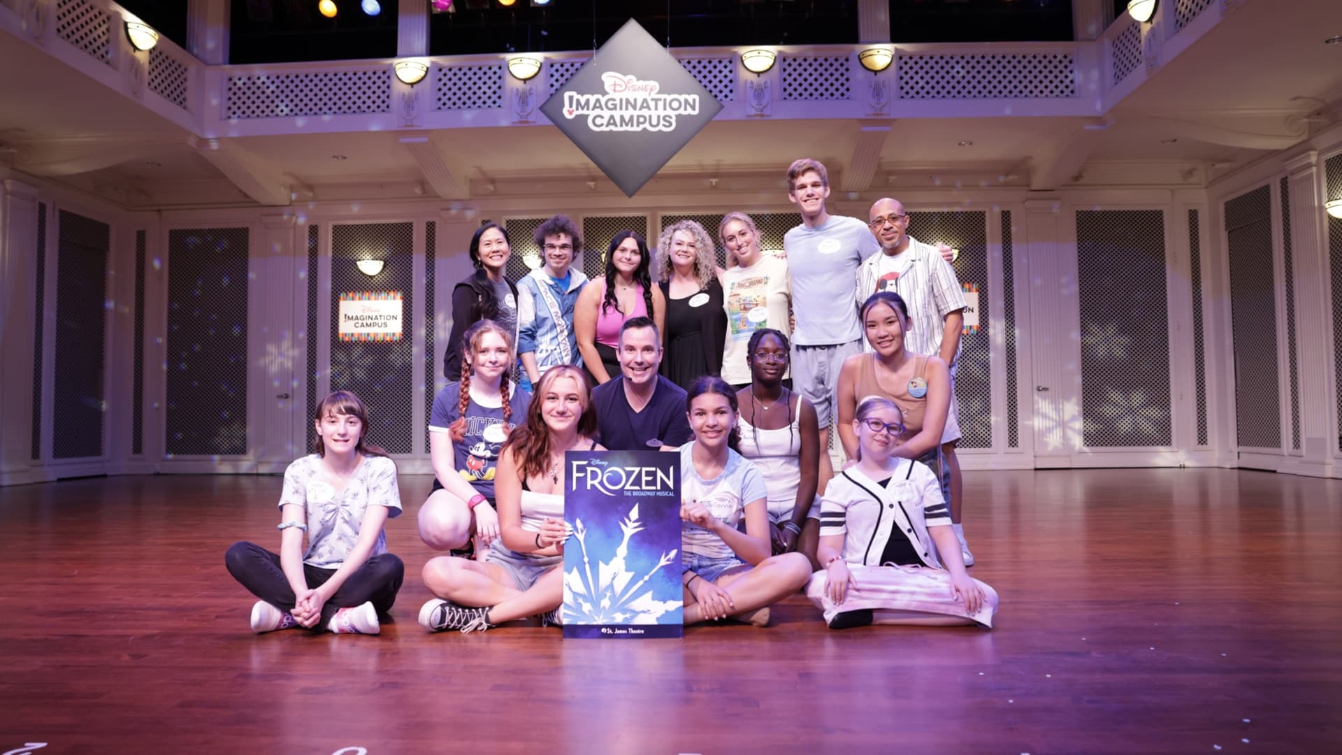 Students on the Disney Imagination Campus stage during a Foundation arts-education workshop